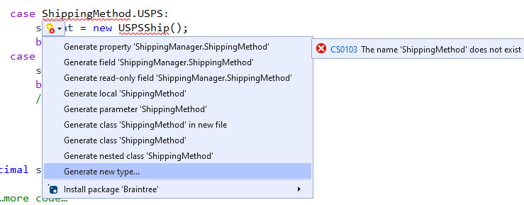 Visual Studio edit window showing ShippingMethod being called. A dropdown list from the interface name shows multiple options, including “Generate new type” which is selected.