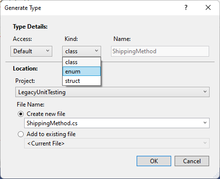 The Generate Type dialog. The new file option at the bottom of the box is selected and has a file name -- ShippingMethod.cs – in it. At the top of the box, the Kind dropdown list is opened showing several options – the enum option is selected. 