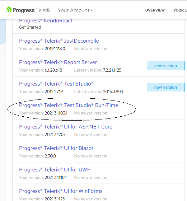 The download products page for an account from the Telerik site with the Progress Telerik Test Studio Run-Time circled