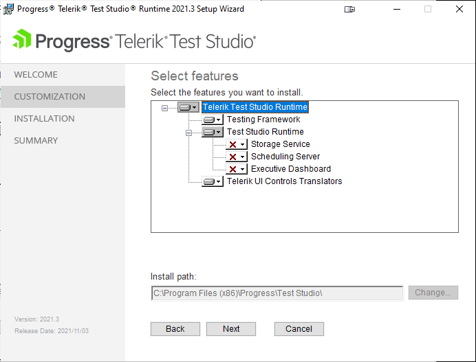 The Customize installation dialog that’s displayed when installing TSS. The Storage Server, Scheduling Server, and Executive Dashboard have been flagged to not be installed.