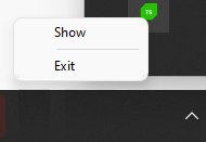 The notification area from the right end of the Windows Task bar. The normally hidden icons are displayed showing the Test Studio icon (a green 3D cube with TS in it). The icon has been right clicked and is showing a popup menu consisting of Show and Exit
