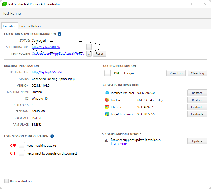 The Test Studio Test Runner Administrator dialog showing the settings for the execution server. The Scheduling URL is circled and is set to http://lp8:8009 – the same port that the scheduling server is using on the Test Studio computer.