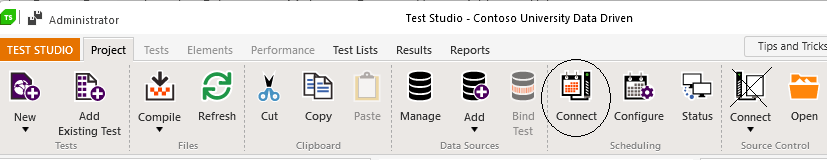 The Test Studio menu bar with the Project tab selected. Just to the right of center, the first icon in the Scheduling section – Connect – is circled. Further to the right, in the Source Control section, an X is drawn over the first icon (also labeled Connect)