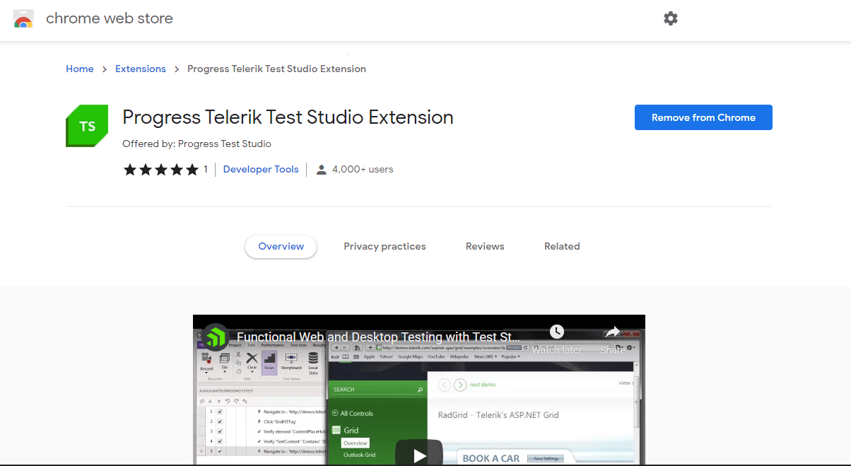 The Web page in the chrome web store for the Progress Test Studio Extension
