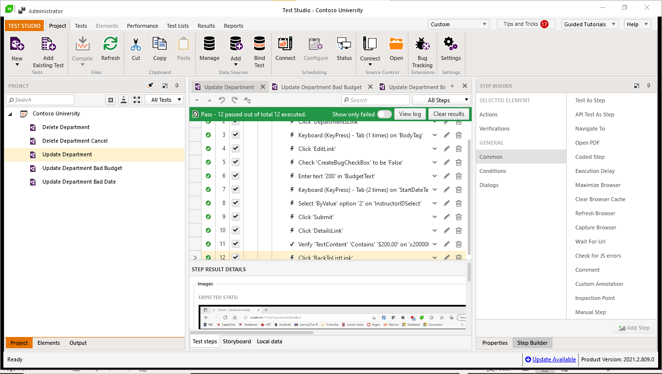 Test Studio showing the results of running a successful test