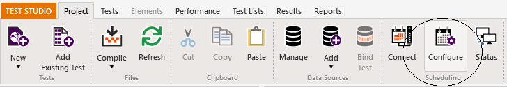 The Test Studio menu bar with the Project tab selected. At the right hand end of the graphic, the Configuration icon is circled