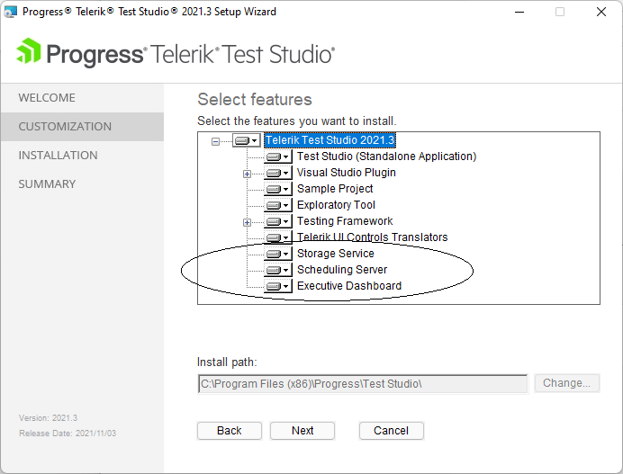 The dialog for customizing your installation of Test Studio showing the components that can be added or removed. The bottom three – Storage Service, Scheduling Server, and Executive Dashboard – are circled. All three of the components are marked as installed on the computer’s hard disk