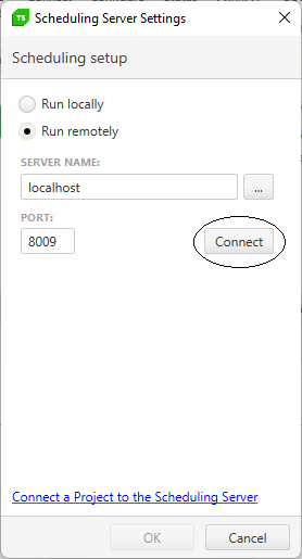  The Scheduling Server Settings dialog. The Run Remotely radio button is selected and the Server Name textbox is set to “localhost.” The port is set to the default value of 8009. The Connect button on the dialog is circled. Below the Connect button three icons are displayed indicating that the connection was successful