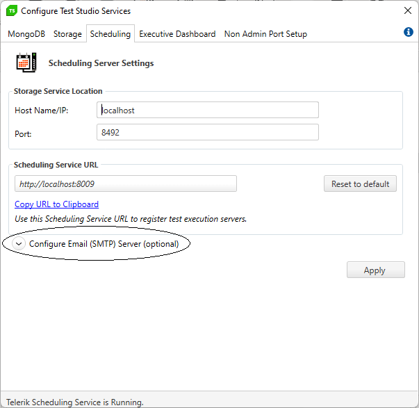 The TSS configuration dialog with its third tab -- the Scheduling tab – displayed. The bottom half of the tab window is empty and the arrow with the text “Configure Email (SMTP) Server (optional)” is circled