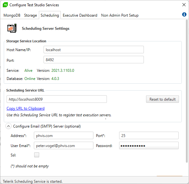 The TSS Scheduling tab shown again but with the bottom part expanded to show the entries for configuring the email server to be used by TSS. The entries have been filled with with the server name, port, email address to be used, and password. The ssl checkbox is unchecked