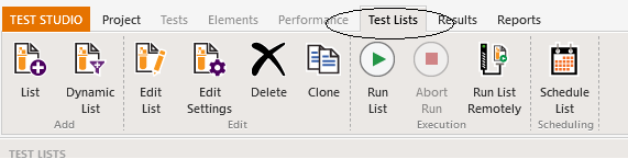The Test Studio menu bar with the Test Lists tab selected showing the options on the tab. The Test List tab itself is circled