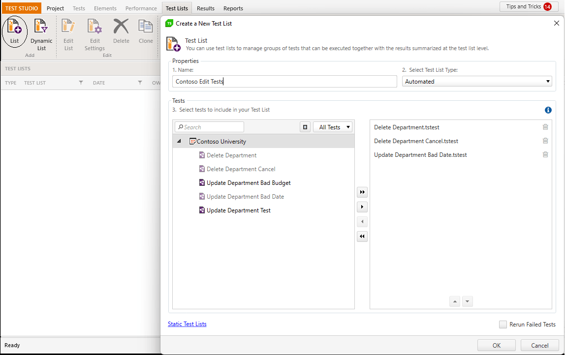 The Create a New Test List dialog showing the Contoso University project on the left with five tests listed and three tests in the list on the right. In the list of tests on the left all the tests that have been added to the right are grayed out/disabled. The Name textbox at the top of the list has been filled in with “Contoso Edit Tests.” Test Studio is visible behind the dialog with the Test Lists menu tab selected and the first choice on the menu – List – circled to indicate that it is the choice that displayed the dialog