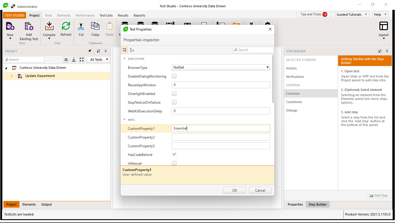 The properties window for a test showing CustomProperty1 set to the text “Essential”