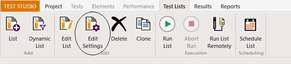 The Test Studio menu bar with the Test List tab selected. In the Edit Section, the Edit Settings icon is circled