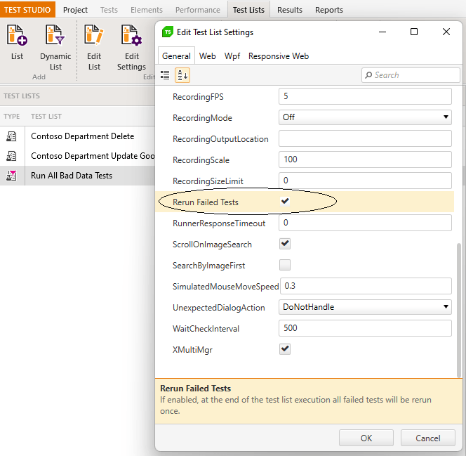 The Edit Test List Settings dialog with the first tab – the General tab – selected. In the tab, the Rerun Failed Tests option checked. The option is highlighted and circled