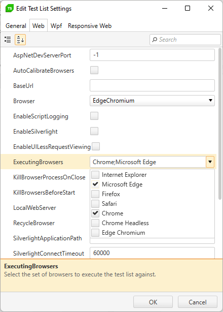 The Edit Test List Settings dialog with the Web tab selected. In the list of options, the Executing Browser dropdown list is expanded showing a list of browsers: Internet Explorer, Microsoft Edge, Firefox, etc. One of the entries is Chrome Headless (the list of browsers is circled). There is a checkbox beside each browser and two of the browsers – Microsoft Edge and Chrome – are checked off