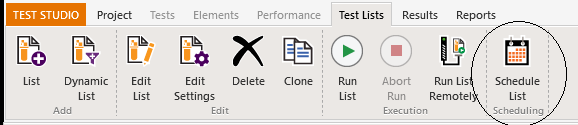 The Test Studio menu bar with the Test Lists tab selected. The menu choice at the right end – Schedule List – is circled