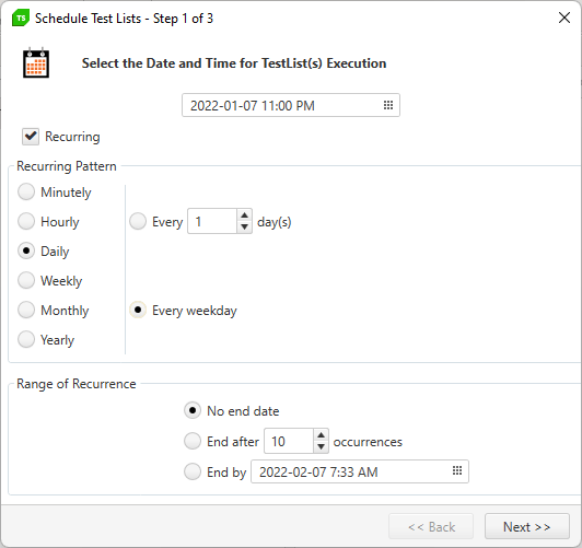 The Schedule Test Lists dialog on step 1 of 3 with the settings specified in the text. The page is titled “Select the Date and Time for TestList(s) Execution”