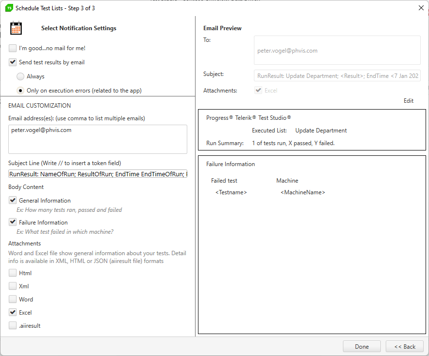 The third page of the Schedule Test Lists wizard, titled “Select Notification Settings.” The options described in the text have been taken and the preview of the email on the right shows (approximately) what the resulting email will look like.