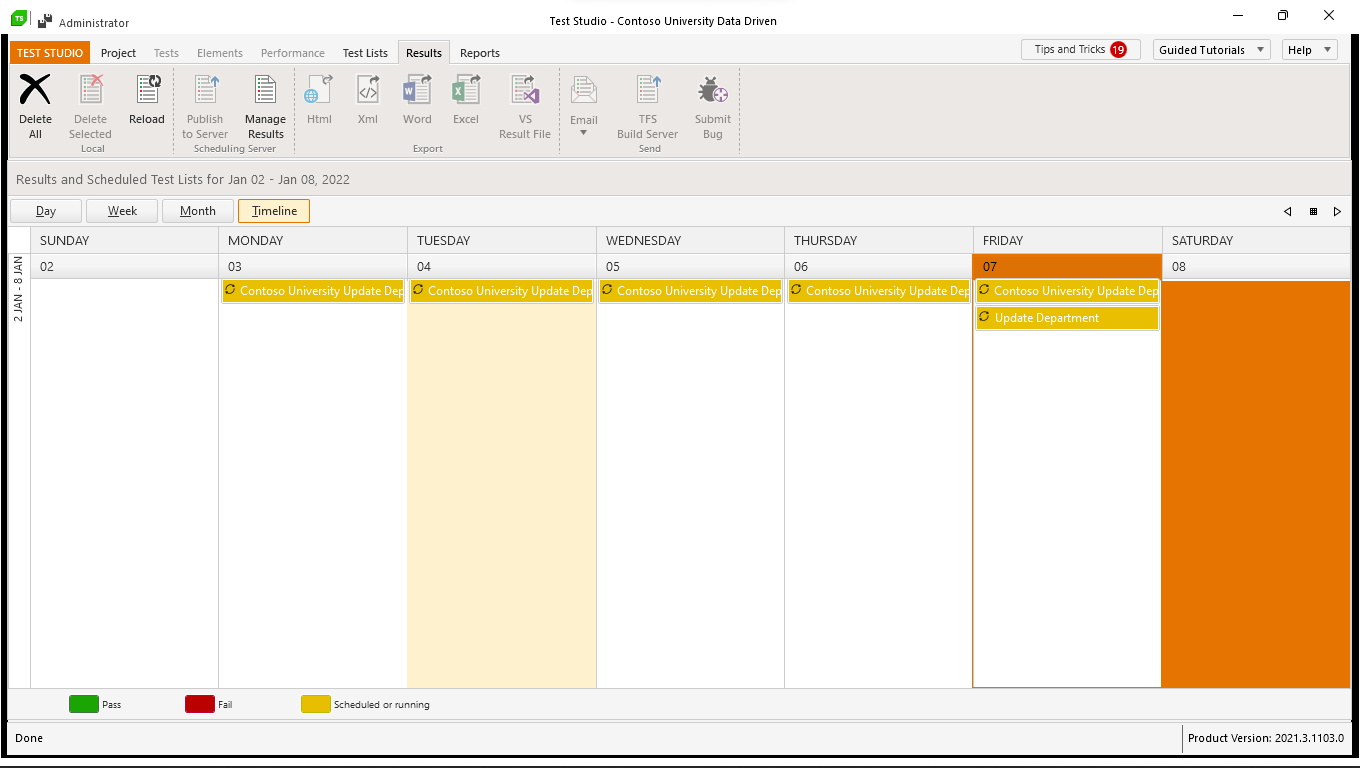 The Test Studio Results tab showing multiple scheduled test list runs for the current week using the Timeline view. The current day of the week (Friday) is highlighted and has two runs scheduled. In the top left there are options to select Day, Week, and Month views in addition to the Timeline view