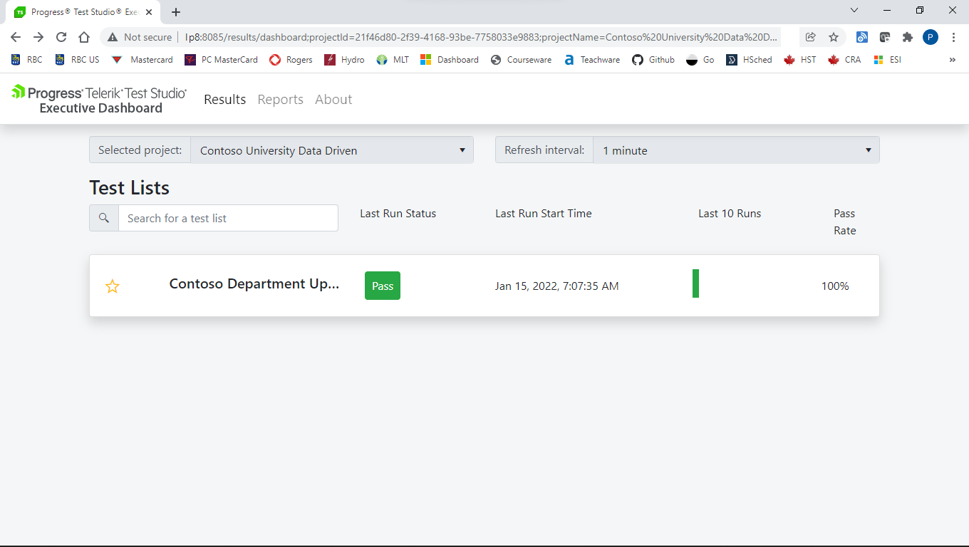 The Progress Telerik Test Studio Executive Dashboard web page showing the Contoso University Data Drive Test List. The first test list (name Contoso Department Up…) is shown with a large green Pass button, the data and time of the last run, and a bar graph showing that 100% of the last 10 runs have been successful