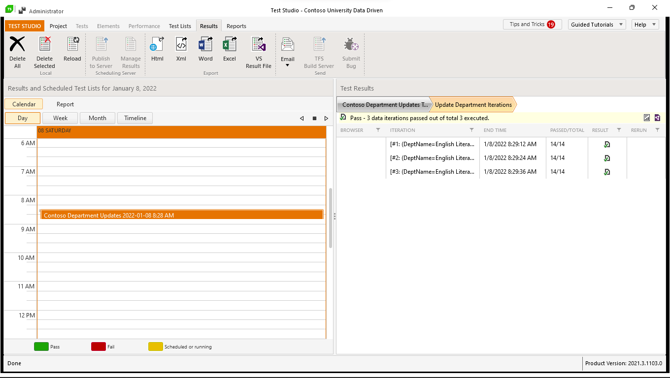 The Test Studio Results tab in Day view, showing, on the left, a test list run between 8:00 and 9:00am. The test list is selected. On the right the results of the one of the tests are shown. It was a data driven test and was executed three times. All the steps passed.