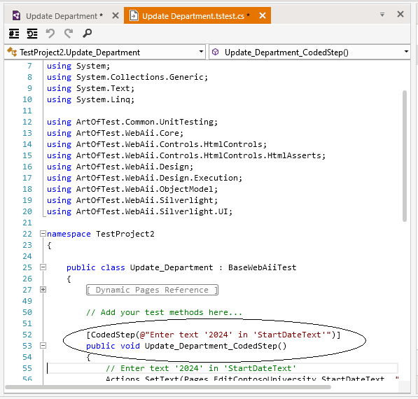 The Test Studio Code window showing code in a method called Update_Department_CodedStep with the method’s name circled.
