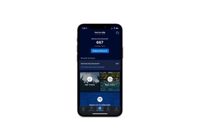 The American Express mobile app. Users go to the Membership tab to review the number of Membership Rewards points they have. For this user, there are 667. They can click on “Redeem Rewards” to spend them.