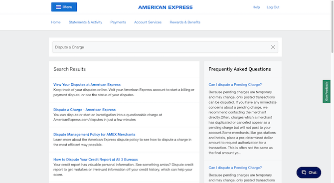 A search for “Dispute a charge” in American Express displays Search Results like “view Your Disputes at American Express” and “Dispute a Charge - American Express”. In addition, a Frequently Asked Questions sidebar appears on the right with answers to questions like “Can I dispute a Pending Charge?”.