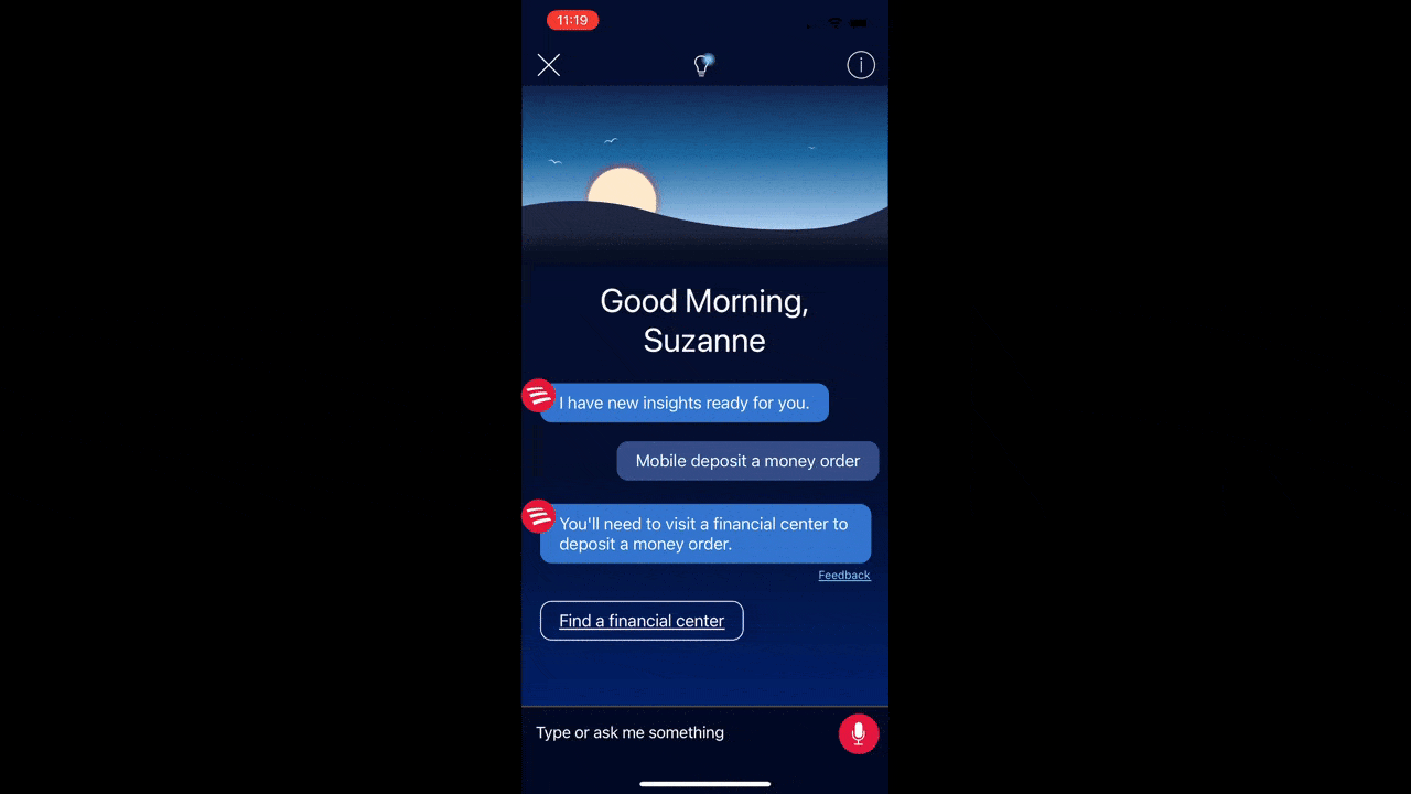 If a Bank of America mobile app user selects a result from the search form that can’t be completed in the app, the AI assistant will appear. The user can then use the search form and rec blinking microphone icon at the bottom to do a voice search.