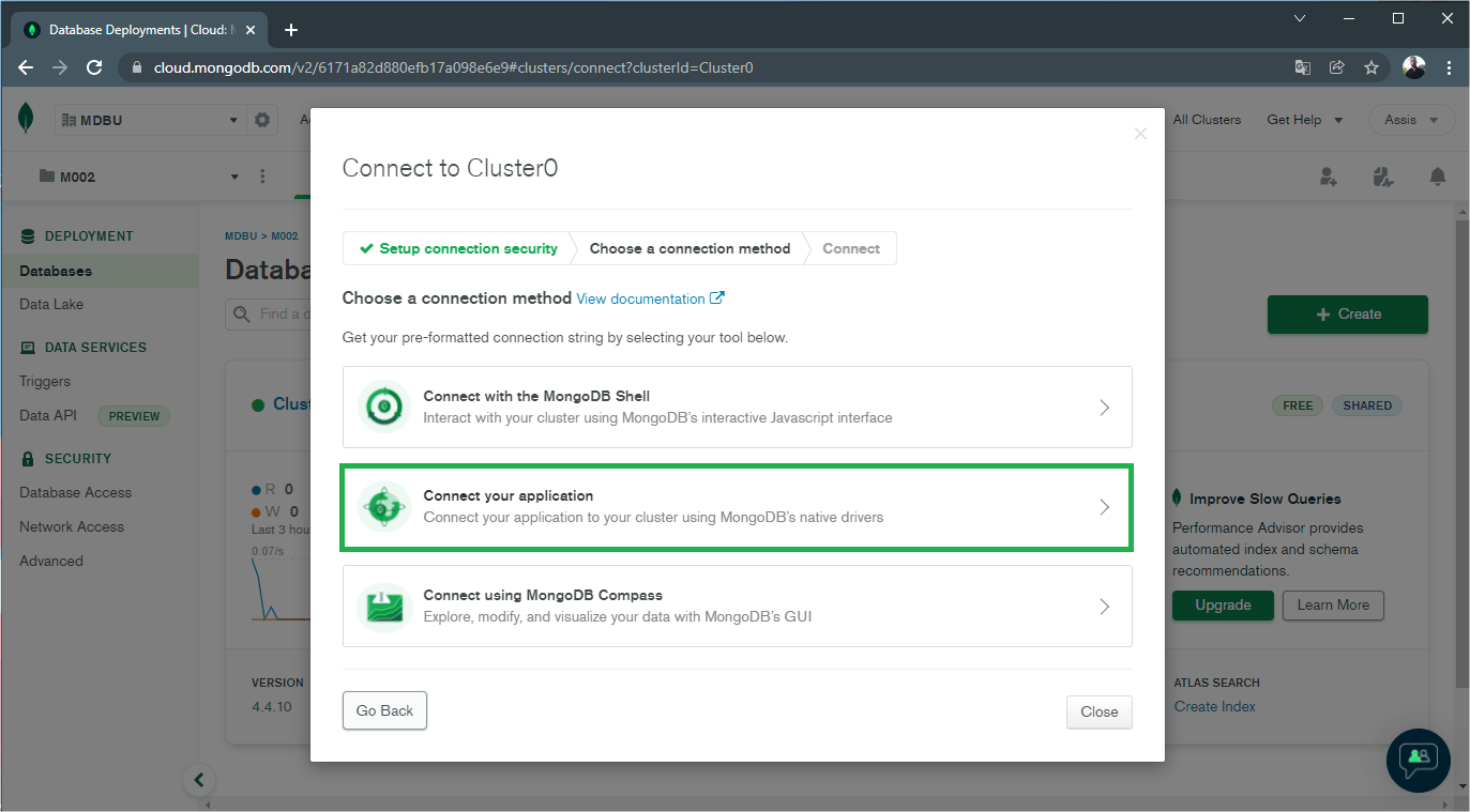 Cluster connection 2 – On the popup, choose Connect your application