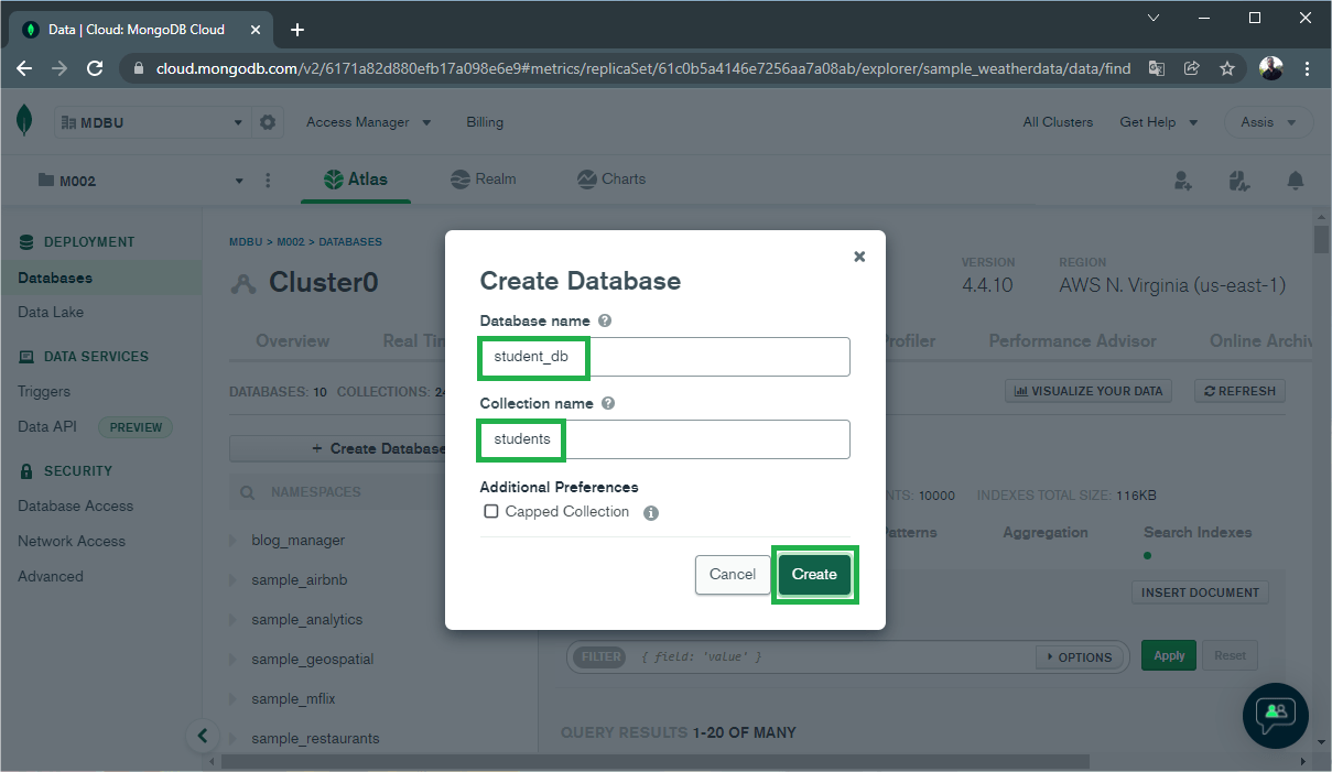 Create database: Database name is student_db, and collection name is students.