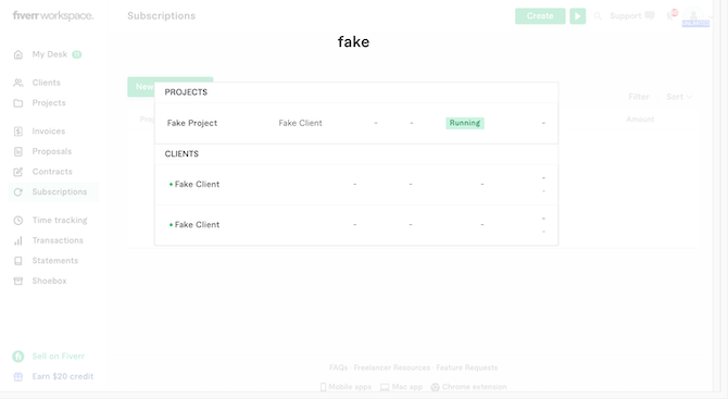 When a user engaged with the Fiverr Workspace search icon, a pop-up modal appears. The app appears grayed out in the background while the white modal gives users the space to enter a query and then to display results. In this example, the user looks for “PROJECTS” and “CLIENTS” with the word “fake” in them.