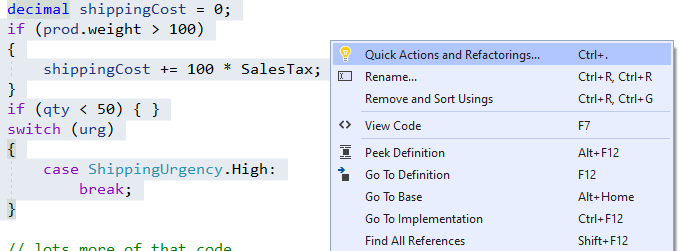 A block of selected code with a popup menu displayed to its right. The top choice on the menu – Quick Actions and Refactorings – is selected