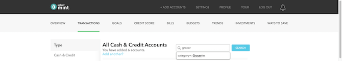 Mint users can conduct scoped searches in the app. In this screenshot from the “Transactions” page, the user searches for “grocer” and the form provides a matching result for “category - Groceries”.