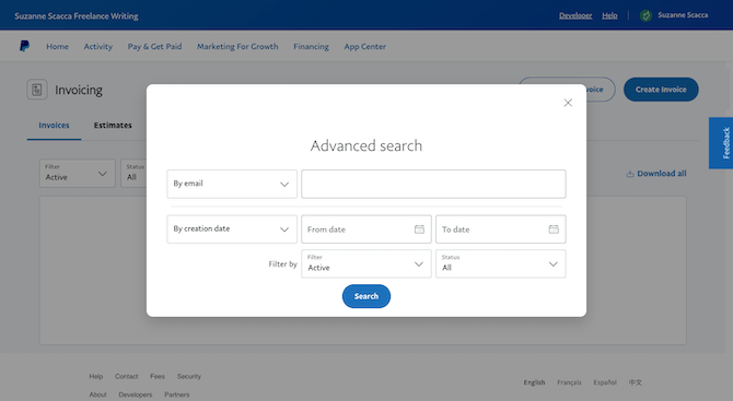 Within PayPal’s Invoicing feature, users can do an “Advanced search” to narrow down which invoice results they see. They can filter By email, By creation date, or by status.