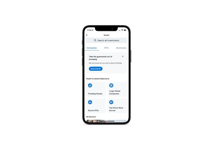 Stash mobile app users will find a “Search all investments” form at the top of the “Invest” page.