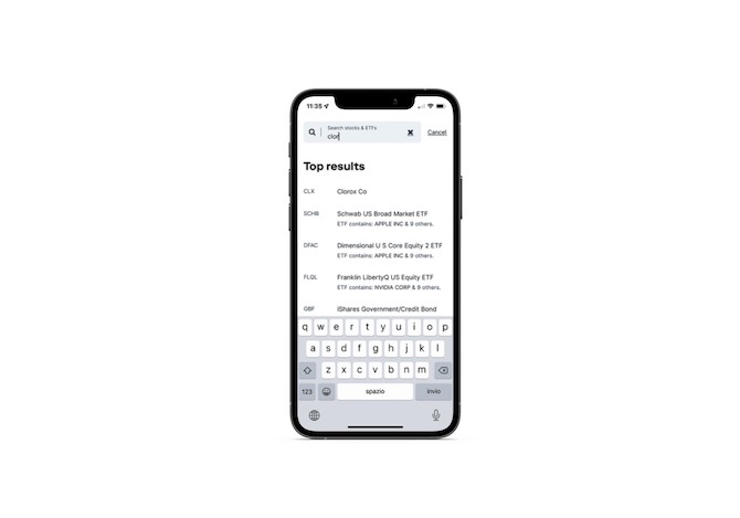 A Stash mobile app user uses the search bar at the top of the “Invest” page to “Search stocks & ETFs”. Top results of matching stocks for the query “clor” appear below it, with Clorox Co (CLX) appearing as the top result.