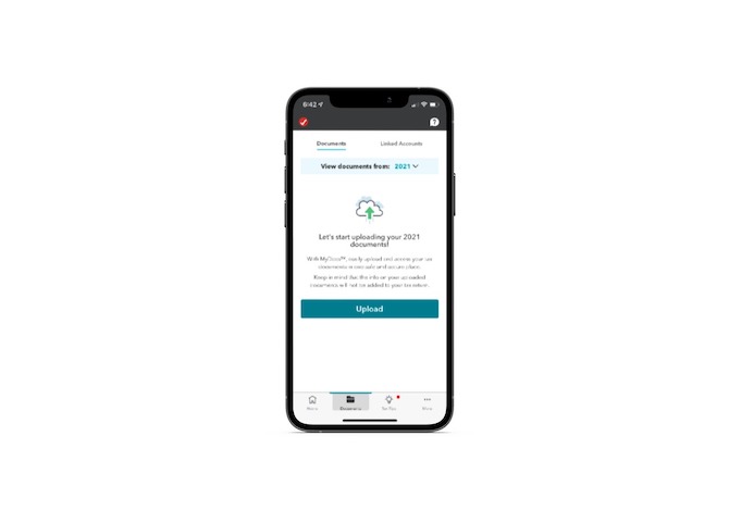 The TurboTax mobile app. A screen called “Documents” is open and asks the user: “Let’s start uploading your 2021 documents” with a big blue “Upload” button beneath a description.