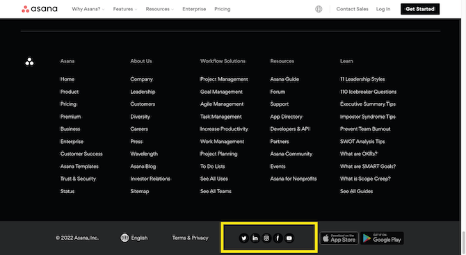At the very bottom of the Asana website in a dark grey footer bar, visitors find logos for their social media accounts on Twitter, LinkedIn, Instagram, Facebook, and YouTube.