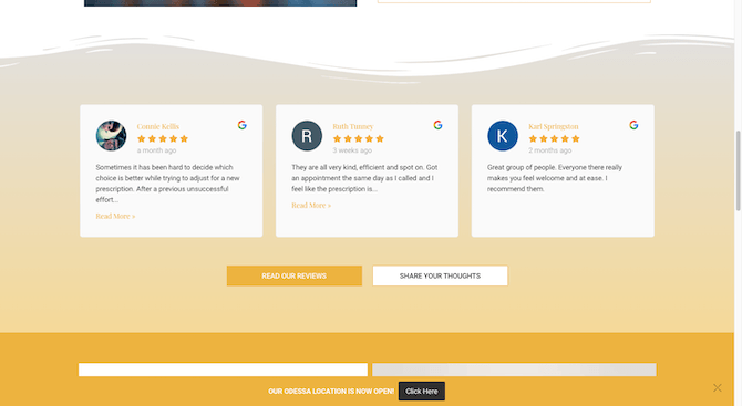 Halfway down the Beyond 2020 home page, there is a section containing 3 Google review cards. Beneath the reviews are two buttons: “Read Our Reviews” and “Share Your Thoughts”.