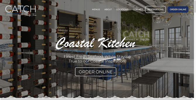 The home page for Catch Twenty-Three, a seafood restaurant in Tampa, FL. The hero image reads “Coastal Kitchen - Finest Fresh Seafood, While Staying True to our Coastal Inspiration”. Followed by a button that says “Order Online”.