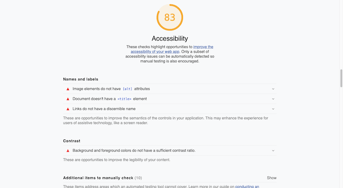 A Core Web Vitals analysis shows an Accessibility score of 83. Under a description of why Accessibility is important, “Names and labels” and “Contrast” suggestions are provided.