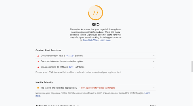 A Core Web Vitals analysis shows an SEO score of 77. Under a description of why SEO is important, “Content Best Practices” and “Mobile Friendly” suggestions are provided.