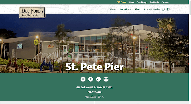 On the home page for Doc Ford’s Rum Bar & Grille at the St. Pete Pier, there are social media links for Instagram, Facebook, Yelp, and Tripadvisor.
