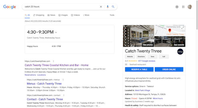 A Google search results page for “catch 23 hours”. The user sees an information block showing the Wednesday hours for the business as 4:30-9:30pm and a smaller note regarding Happy hours between 4:30-7pm.