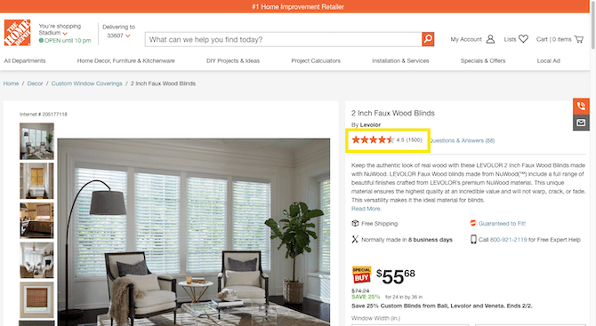 On product pages on The Home Depot website, there is a product rating bar that appears beneath the product and manufacturer name. In this example, the product is “2 Inch Faux Wood Blinds”, the manufacturer is “Levolor” and the product has a 4.5-star rating from 1500 reviewers.