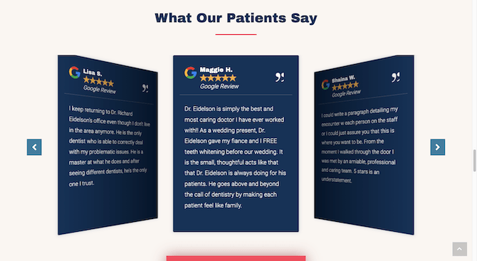 On the Main Street Dental Center City website, there’s a section called “What Our Patients Say”. There is a slider containing tall, dark blue cards. On each is a customer review taken from Google. The one we can see in the screenshot is from Maggie H.