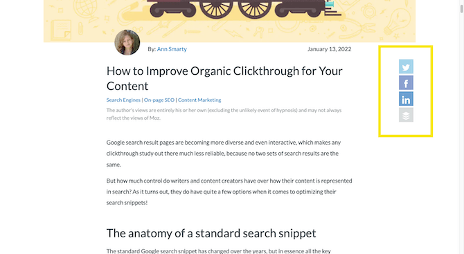 To the right of each post on the Moz blog, there’s a floating bar of social media icons for sharing — Twitter, Facebook, LinkedIn, and Buffer.