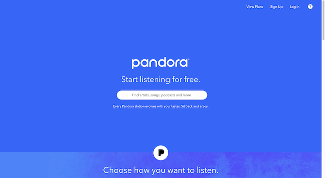 The Pandora home page has a solid blue background with white wording in the middle. Below the pandora logo, it reads “Start listening for free”. There’s a white search bar that invites visitors to “Find artists, songs, podcasts and more”.